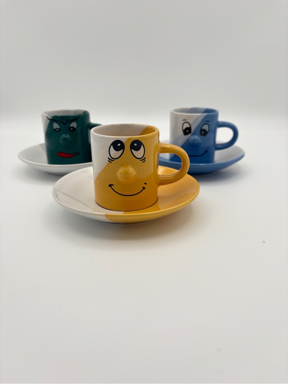 Set of 3 Yably Colourful Funny Face Expresso Cups and Saucers